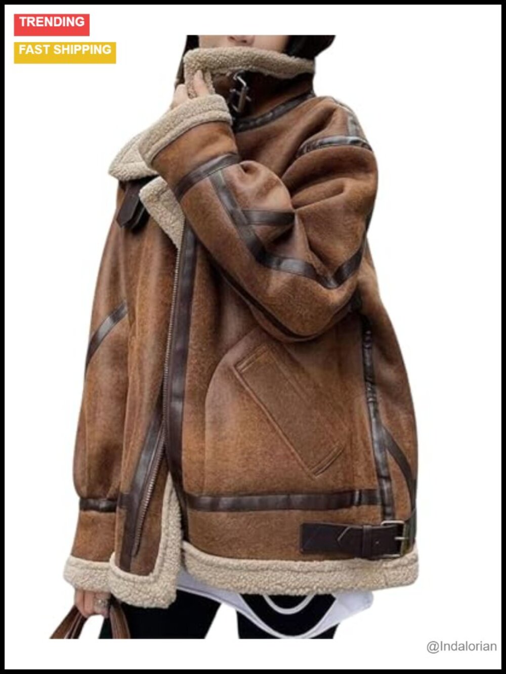 Oversized Faux Suede Moto Jacket Sherpa Fleece Lined Aviator Coat